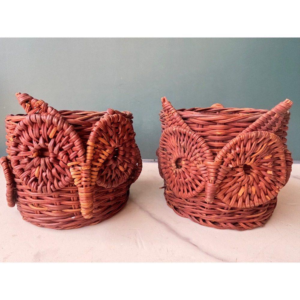 Vintage Owl Wicker Basket Cups Set of 2 Brown Woven Boho Storage Handles